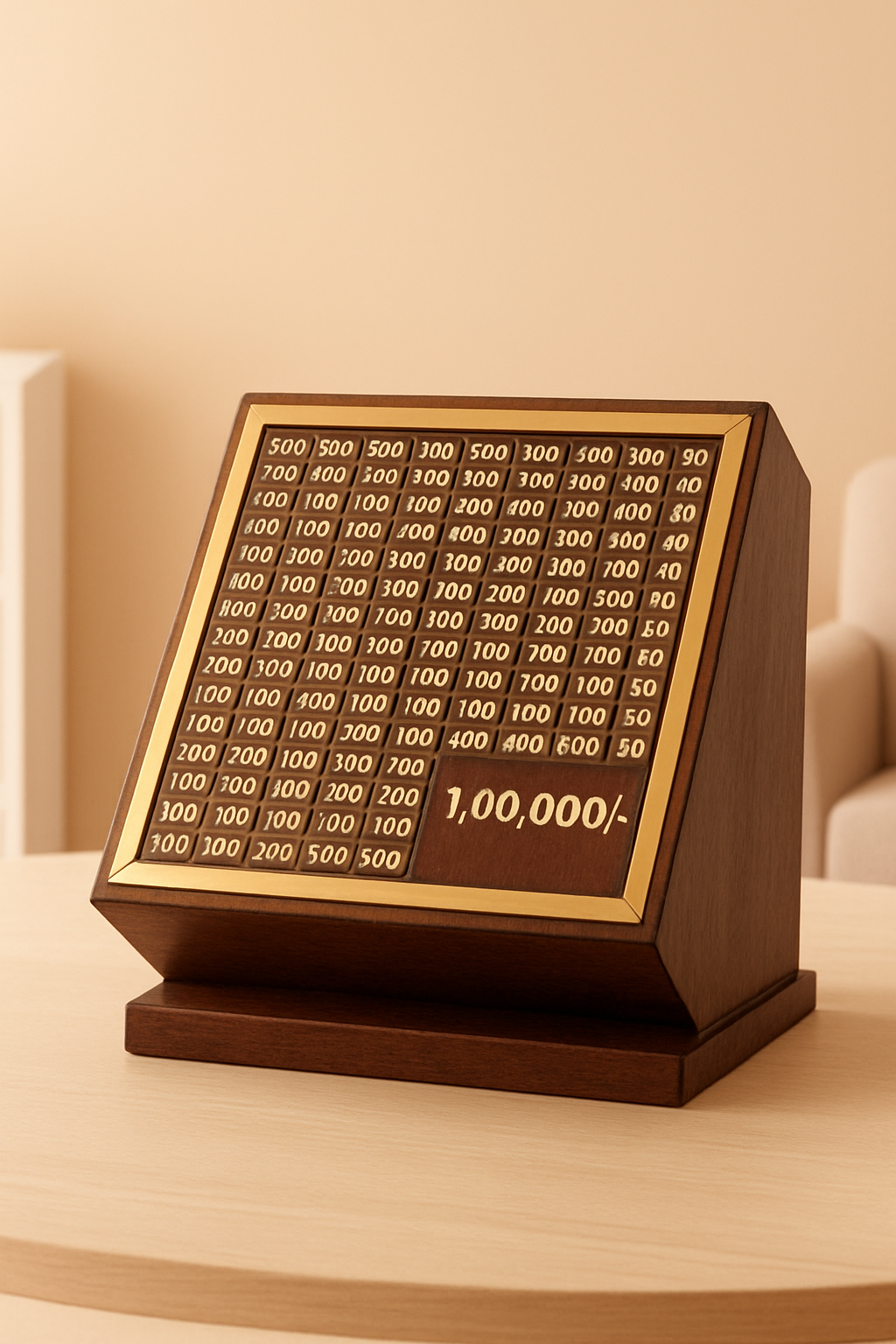 Wooden board with gold text on a beige background