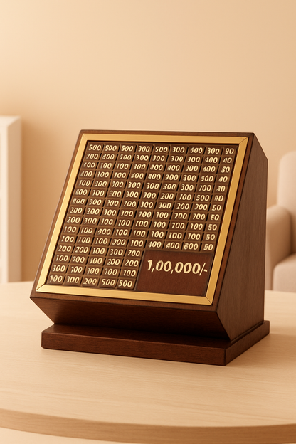 Wooden board with gold text on a beige background