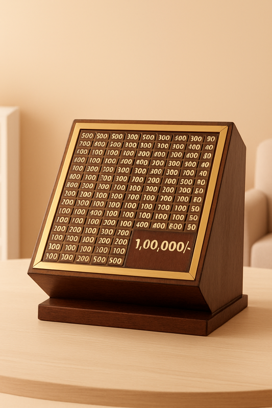 Wooden board with gold text on a beige background